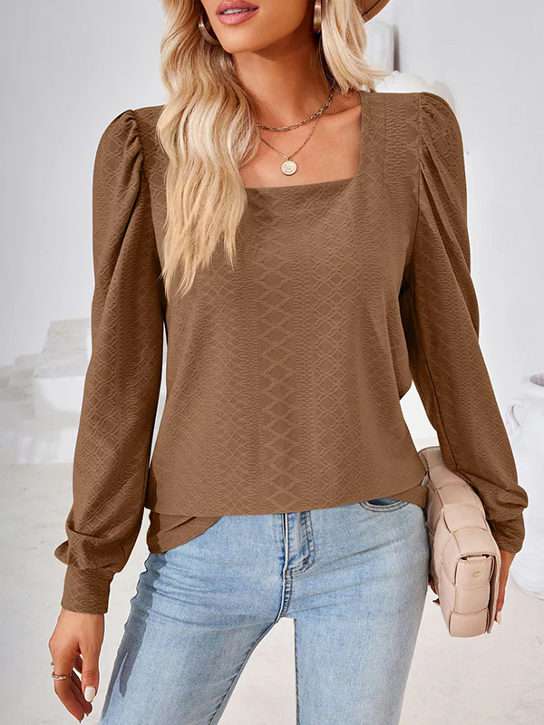 Loose Jacquard Solid Color Square-neck T-Shirts Tops - Image 4