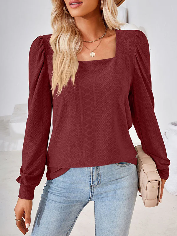 Loose Jacquard Solid Color Square-neck T-Shirts Tops - Image 5
