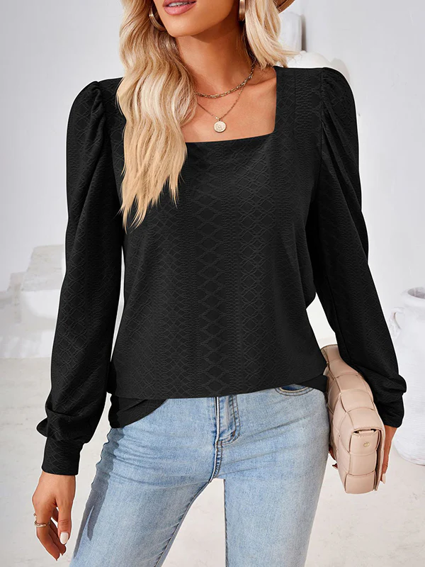 Loose Jacquard Solid Color Square-neck T-Shirts Tops - Image 6