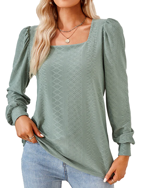 Loose Jacquard Solid Color Square-neck T-Shirts Tops - Image 8