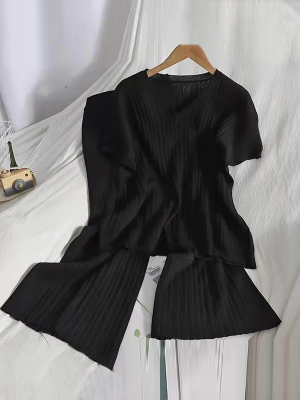 Loose Knitting Raglan Sleeve Solid Color V-Neck Sweater Top + Pants Two Pieces Set - Image 2
