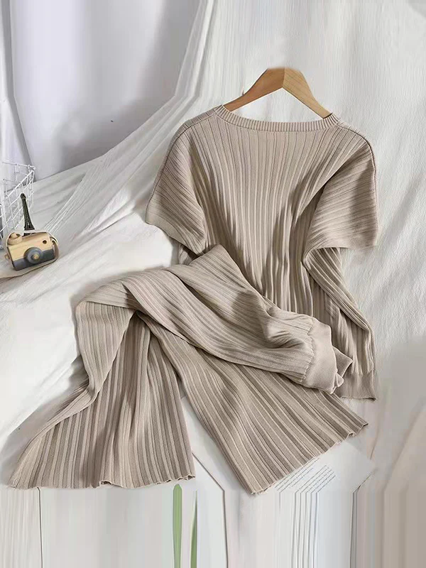 Loose Knitting Raglan Sleeve Solid Color V-Neck Sweater Top + Pants Two Pieces Set - Image 3
