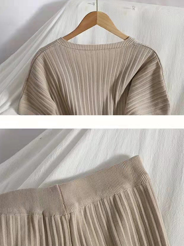 Loose Knitting Raglan Sleeve Solid Color V-Neck Sweater Top + Pants Two Pieces Set - Image 5