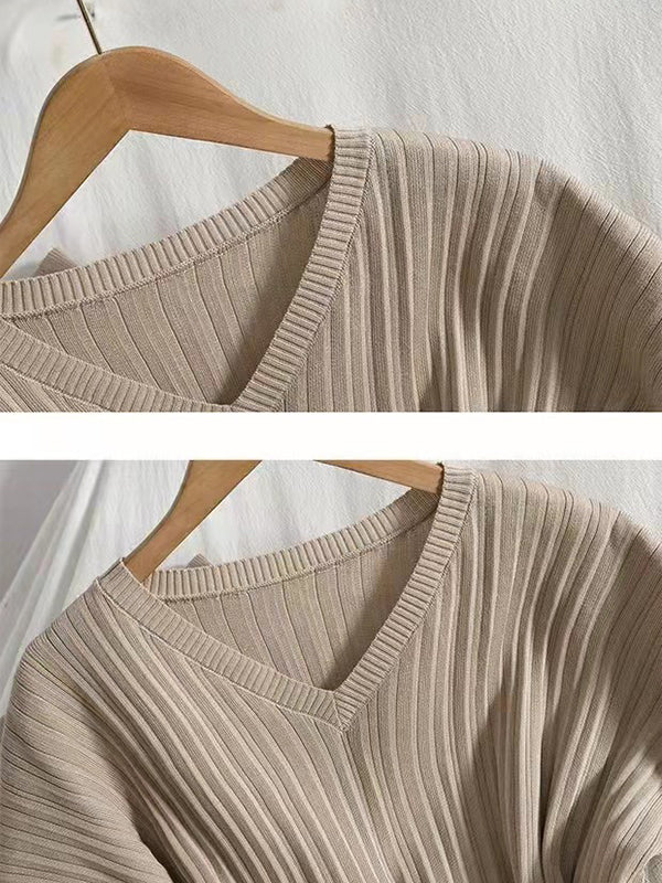 Loose Knitting Raglan Sleeve Solid Color V-Neck Sweater Top + Pants Two Pieces Set - Image 6