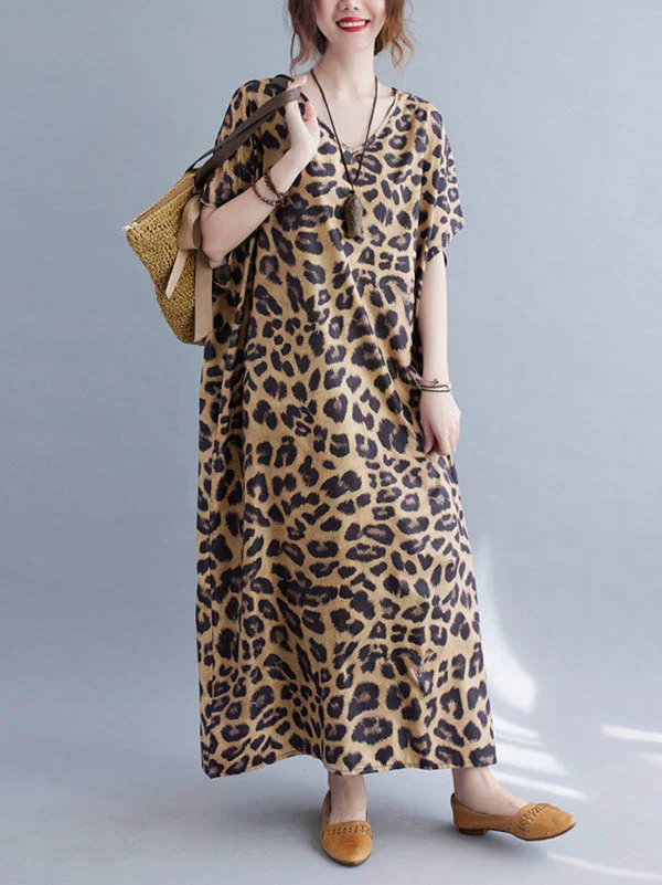 Loose Leopard V-Neck Batwing Sleeves Maxi Dress - Image 2