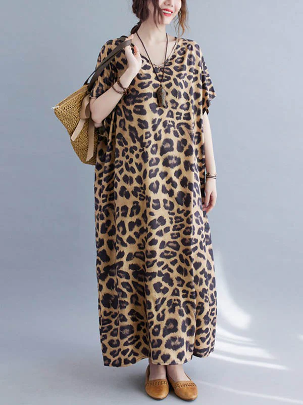 Loose Leopard V-Neck Batwing Sleeves Maxi Dress - Image 3