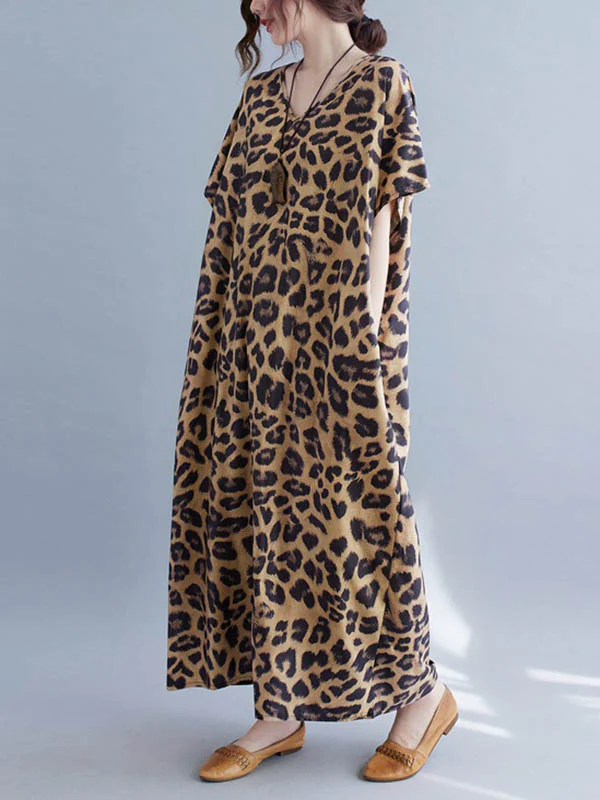 Loose Leopard V-Neck Batwing Sleeves Maxi Dress - Image 4