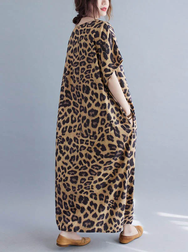 Loose Leopard V-Neck Batwing Sleeves Maxi Dress - Image 5