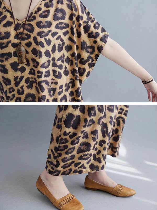 Loose Leopard V-Neck Batwing Sleeves Maxi Dress - Image 7