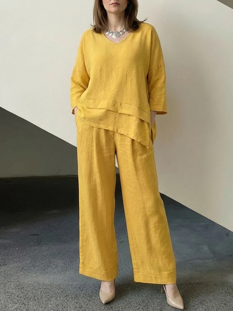 Loose Long Sleeves  Asymmetric Split-Joint Top + Wide Leg Pants Two Pieces Set - Image 2