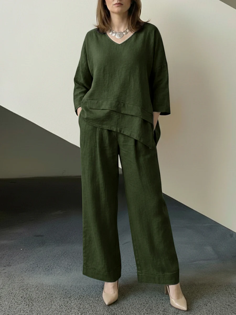 Loose Long Sleeves  Asymmetric Split-Joint Top + Wide Leg Pants Two Pieces Set - Image 3