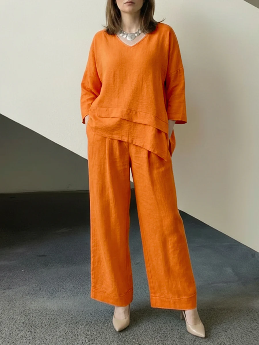 Loose Long Sleeves  Asymmetric Split-Joint Top + Wide Leg Pants Two Pieces Set - Image 4