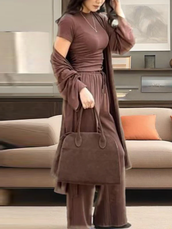 Loose Long Sleeves Cardigan Coat + Round-Neck T-Shirts + Drawstring Elasticity Pants Three Pieces Set - Image 3