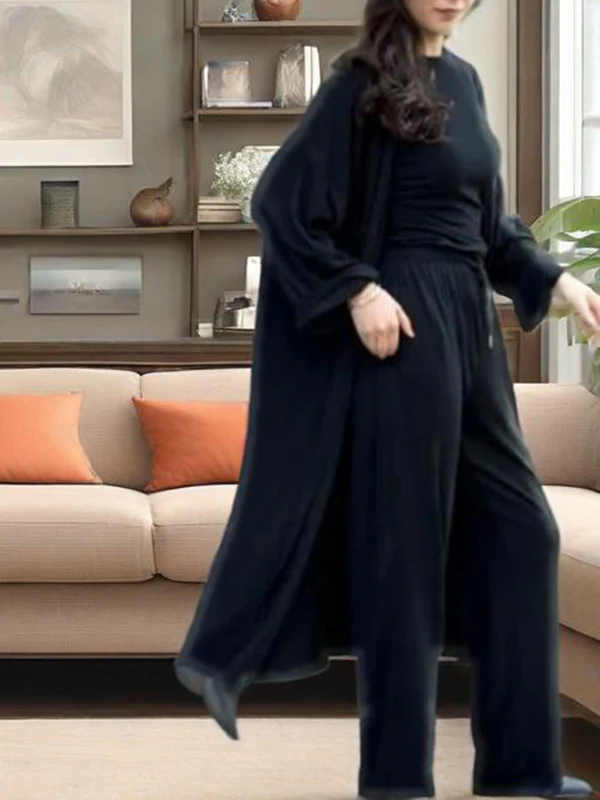 Loose Long Sleeves Cardigan Coat + Round-Neck T-Shirts + Drawstring Elasticity Pants Three Pieces Set - Image 4