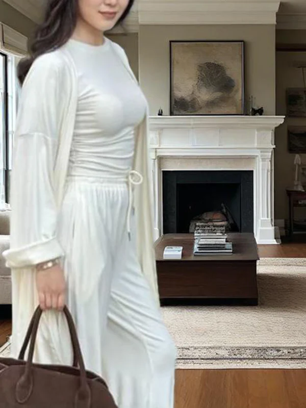Loose Long Sleeves Cardigan Coat + Round-Neck T-Shirts + Drawstring Elasticity Pants Three Pieces Set - Image 6