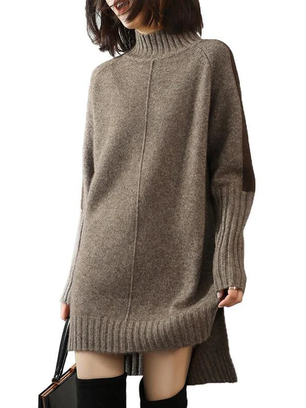 Loose Long Sleeves Contrast Color Half Turtleneck Sweater Dresses - Image 10