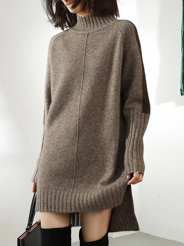 Loose Long Sleeves Contrast Color Half Turtleneck Sweater Dresses - Image 2