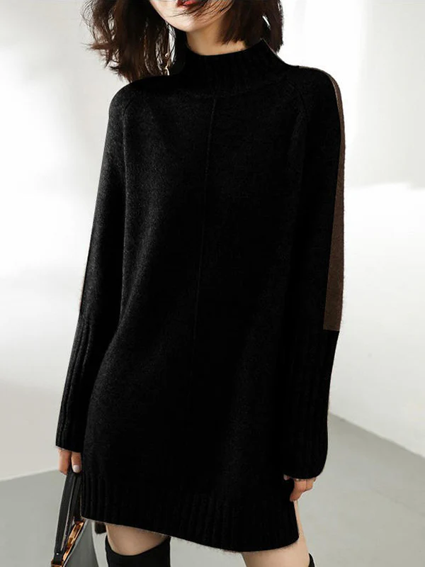 Loose Long Sleeves Contrast Color Half Turtleneck Sweater Dresses - Image 3