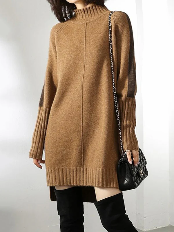 Loose Long Sleeves Contrast Color Half Turtleneck Sweater Dresses - Image 4