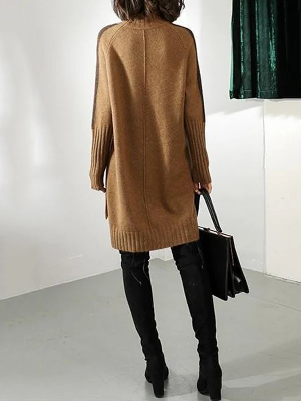 Loose Long Sleeves Contrast Color Half Turtleneck Sweater Dresses - Image 5
