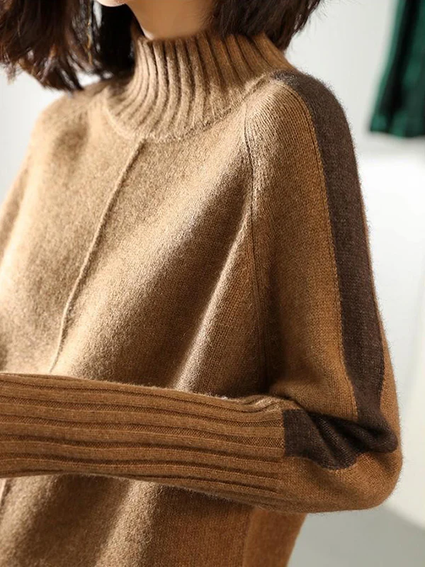 Loose Long Sleeves Contrast Color Half Turtleneck Sweater Dresses - Image 6