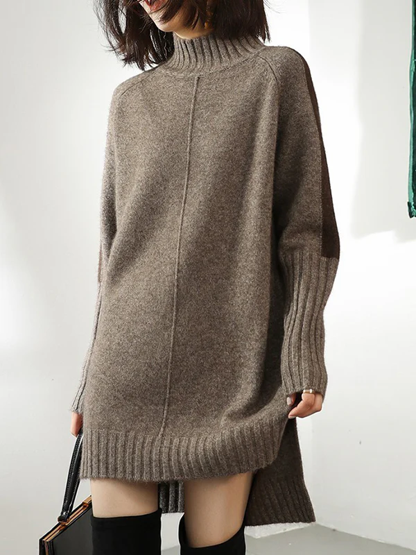 Loose Long Sleeves Contrast Color Half Turtleneck Sweater Dresses - Image 7