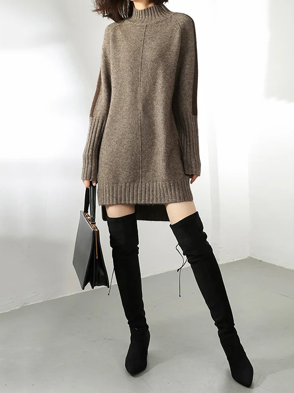 Loose Long Sleeves Contrast Color Half Turtleneck Sweater Dresses - Image 8