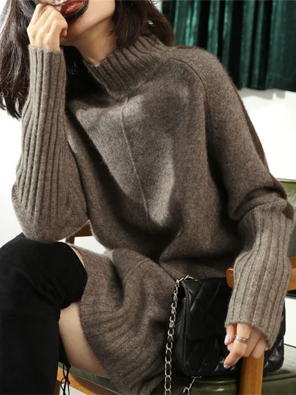 Loose Long Sleeves Contrast Color Half Turtleneck Sweater Dresses - Image 9