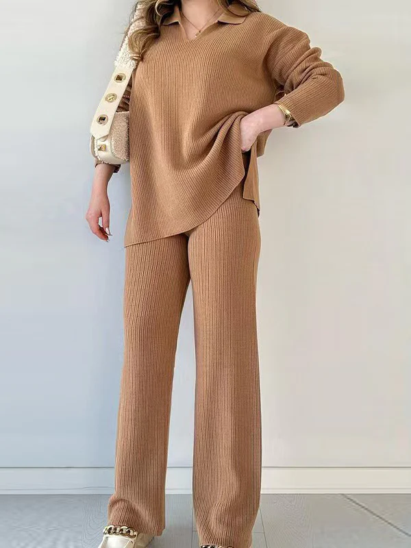 Loose Long Sleeves Solid Color Split-Side Lapel Sweater Top + Pants Two Pieces Set - Image 2