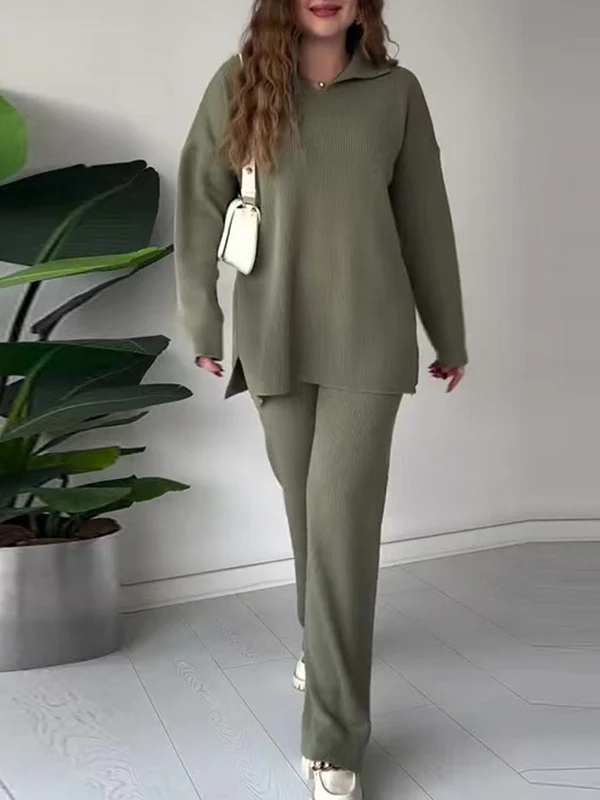 Loose Long Sleeves Solid Color Split-Side Lapel Sweater Top + Pants Two Pieces Set - Image 3