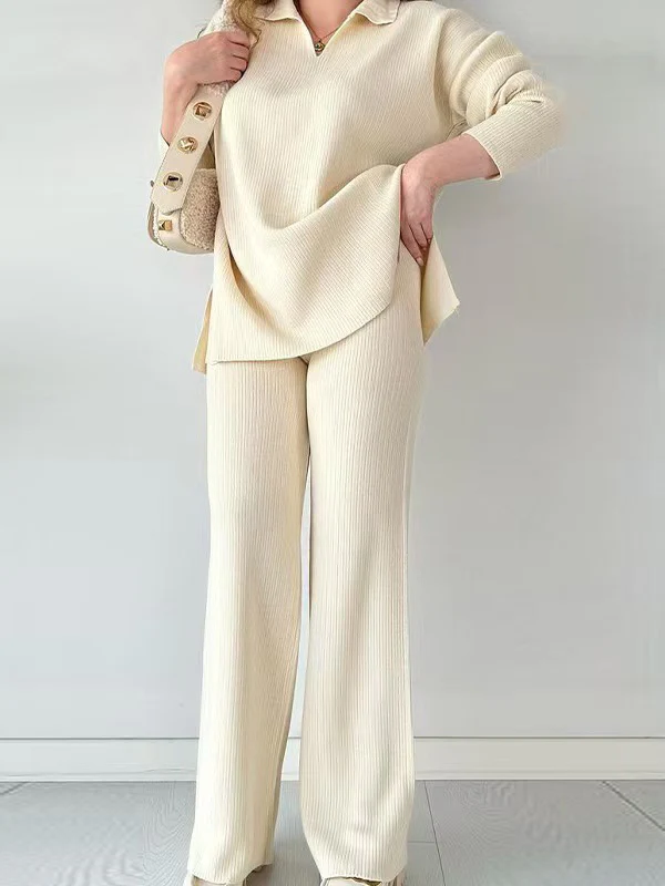 Loose Long Sleeves Solid Color Split-Side Lapel Sweater Top + Pants Two Pieces Set - Image 4
