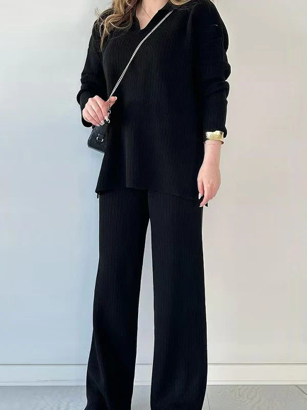 Loose Long Sleeves Solid Color Split-Side Lapel Sweater Top + Pants Two Pieces Set - Image 5