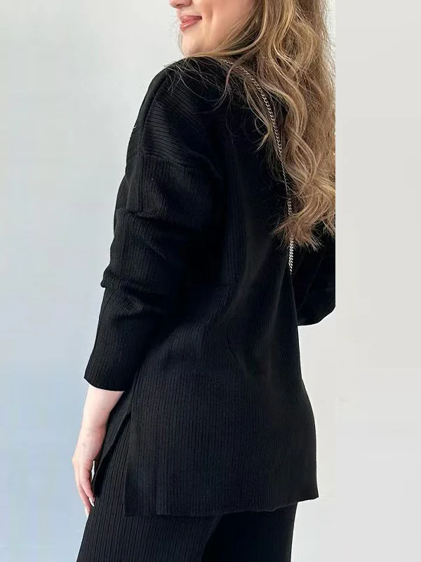 Loose Long Sleeves Solid Color Split-Side Lapel Sweater Top + Pants Two Pieces Set - Image 6