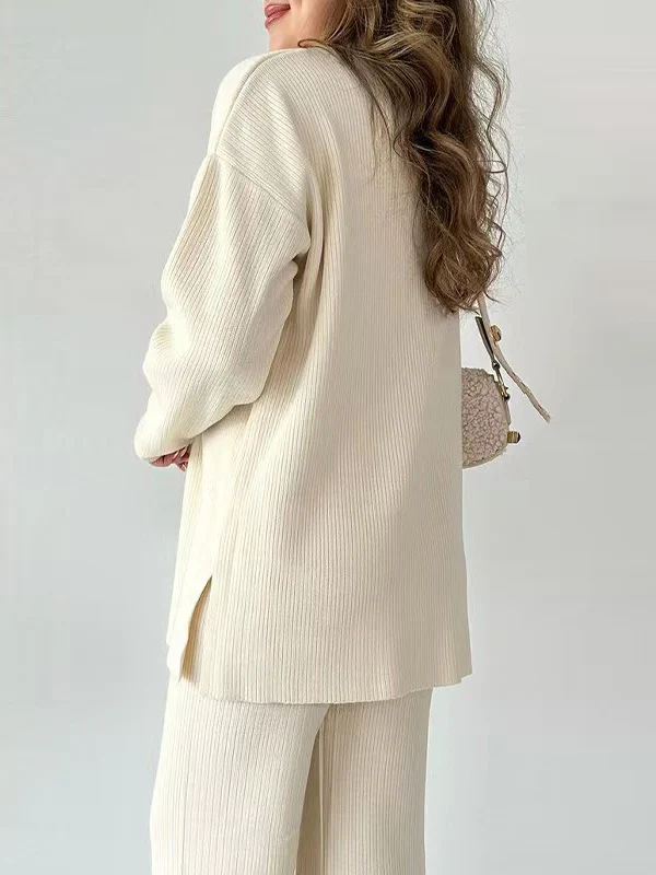 Loose Long Sleeves Solid Color Split-Side Lapel Sweater Top + Pants Two Pieces Set - Image 7