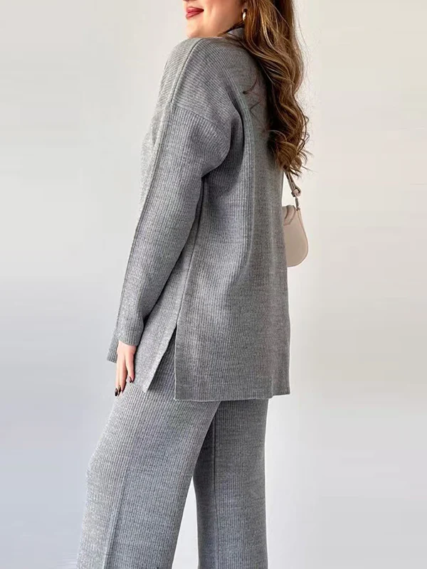 Loose Long Sleeves Solid Color Split-Side Lapel Sweater Top + Pants Two Pieces Set - Image 8
