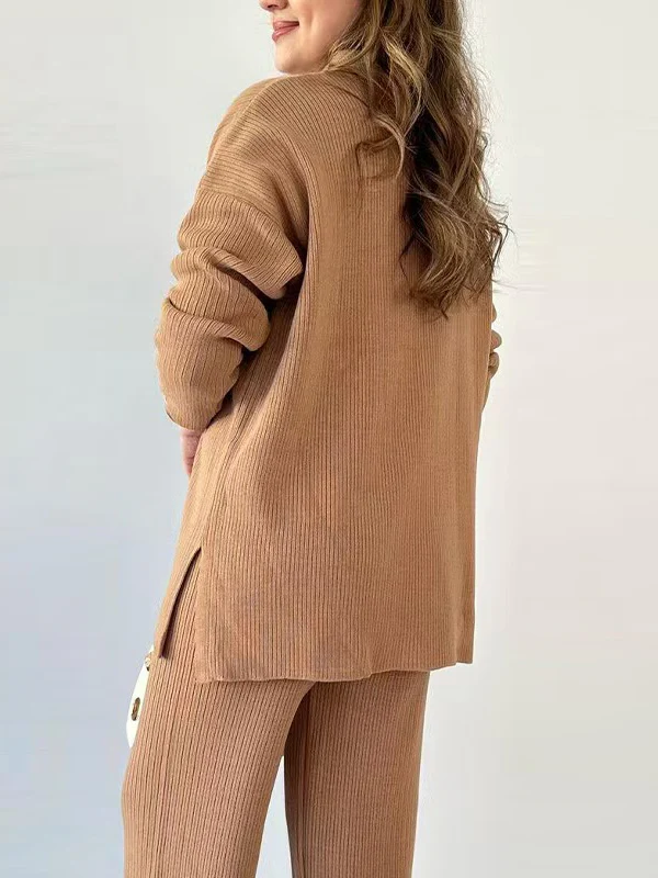 Loose Long Sleeves Solid Color Split-Side Lapel Sweater Top + Pants Two Pieces Set - Image 9
