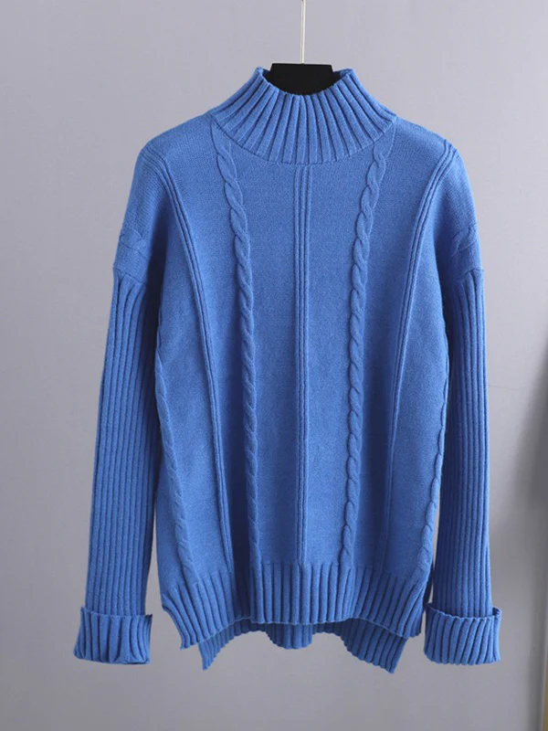 Loose Long Sleeves Split-Side Solid High-Low Half Turtleneck Sweater Tops & Wide Leg Pants Two Pieces Set - Image 10