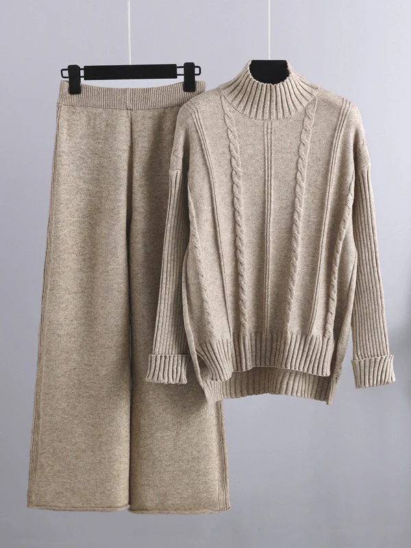 Loose Long Sleeves Split-Side Solid High-Low Half Turtleneck Sweater Tops & Wide Leg Pants Two Pieces Set - Image 2