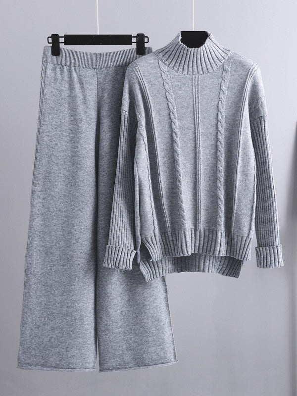 Loose Long Sleeves Split-Side Solid High-Low Half Turtleneck Sweater Tops & Wide Leg Pants Two Pieces Set - Image 3