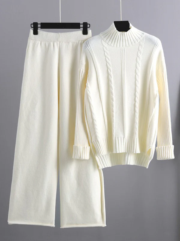 Loose Long Sleeves Split-Side Solid High-Low Half Turtleneck Sweater Tops & Wide Leg Pants Two Pieces Set - Image 4