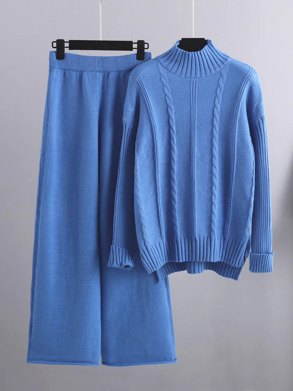 Loose Long Sleeves Split-Side Solid High-Low Half Turtleneck Sweater Tops & Wide Leg Pants Two Pieces Set - Image 5