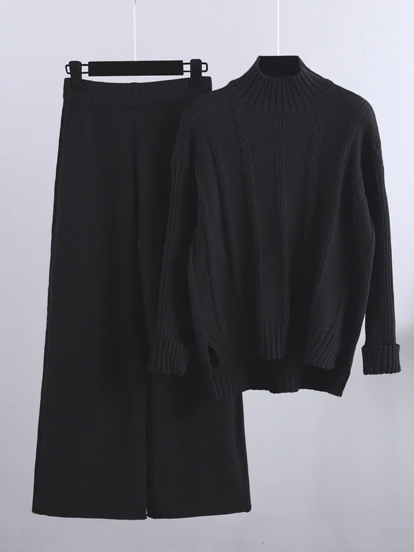 Loose Long Sleeves Split-Side Solid High-Low Half Turtleneck Sweater Tops & Wide Leg Pants Two Pieces Set - Image 6