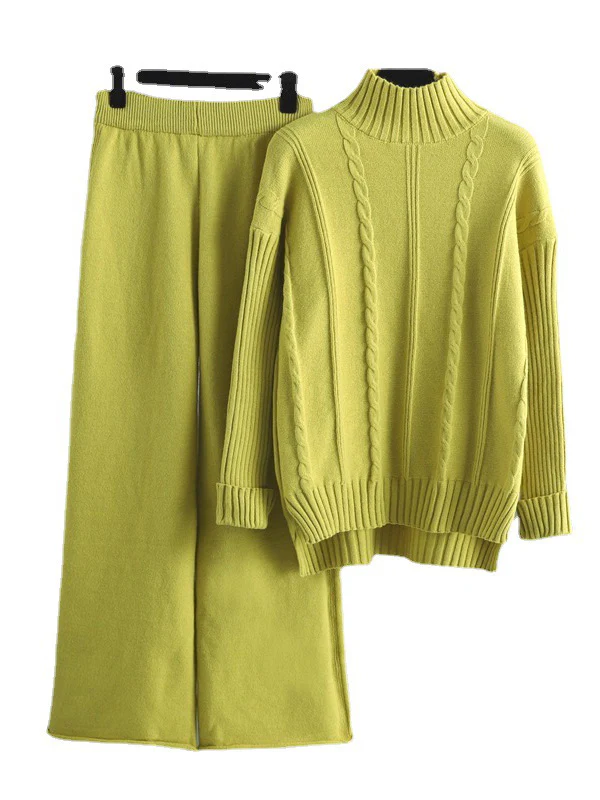 Loose Long Sleeves Split-Side Solid High-Low Half Turtleneck Sweater Tops & Wide Leg Pants Two Pieces Set - Image 7