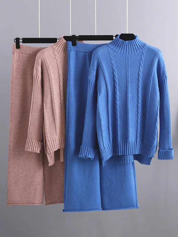 Loose Long Sleeves Split-Side Solid High-Low Half Turtleneck Sweater Tops & Wide Leg Pants Two Pieces Set - Image 8