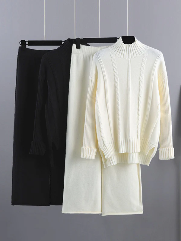 Loose Long Sleeves Split-Side Solid High-Low Half Turtleneck Sweater Tops & Wide Leg Pants Two Pieces Set - Image 9