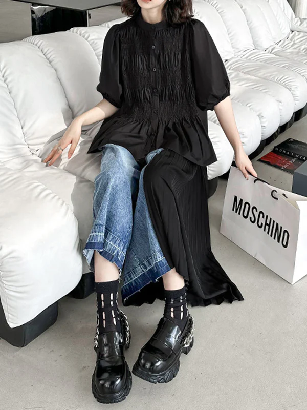 Loose Ninth Pants Contrast Color Pleated Split-Joint Jean Pants Bottoms - Image 10