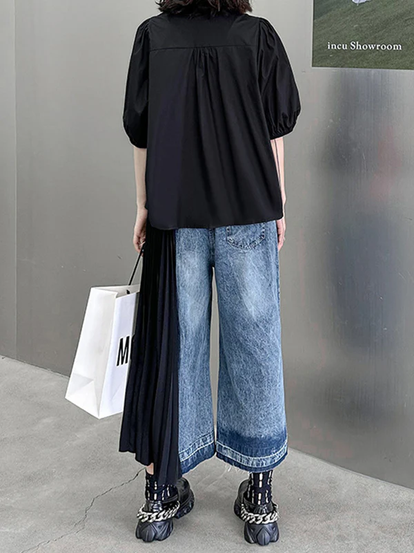Loose Ninth Pants Contrast Color Pleated Split-Joint Jean Pants Bottoms - Image 11