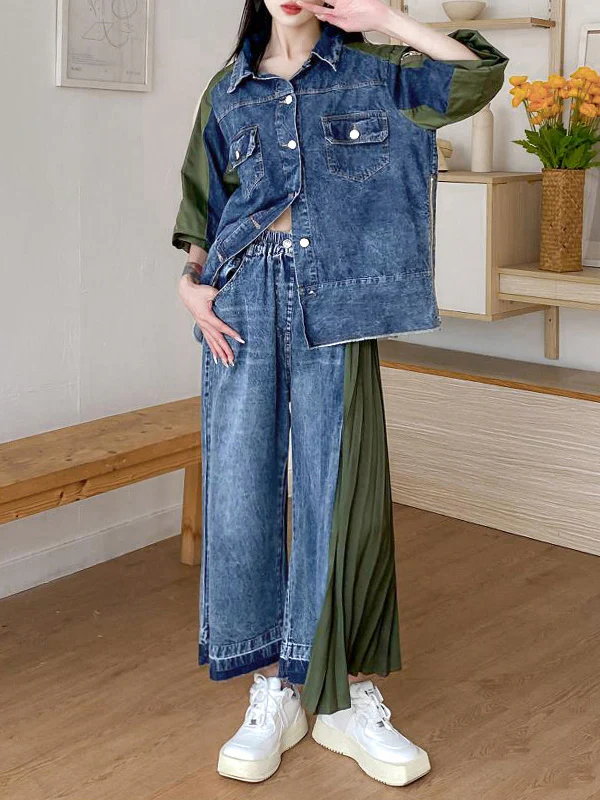 Loose Ninth Pants Contrast Color Pleated Split-Joint Jean Pants Bottoms - Image 12