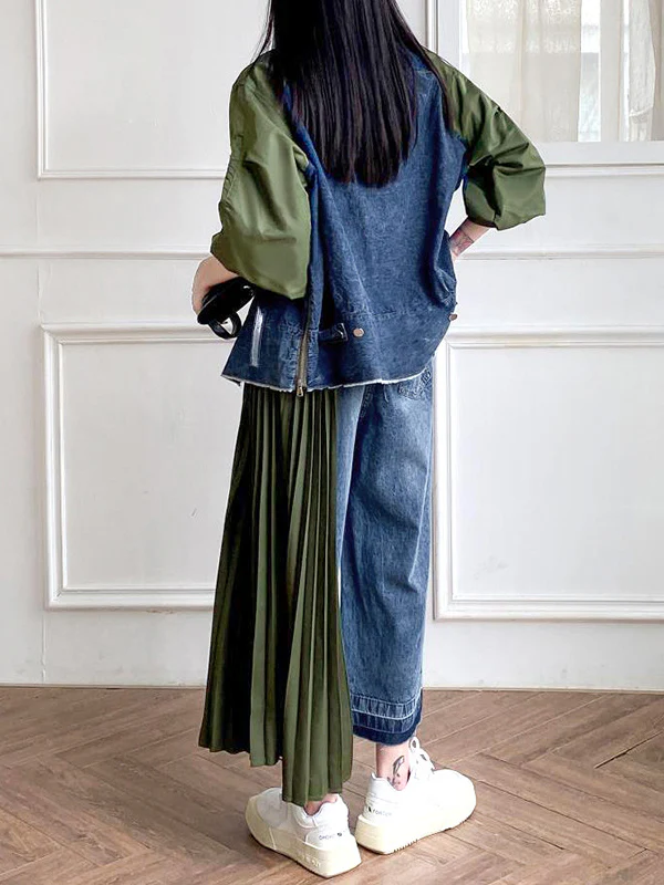Loose Ninth Pants Contrast Color Pleated Split-Joint Jean Pants Bottoms - Image 13