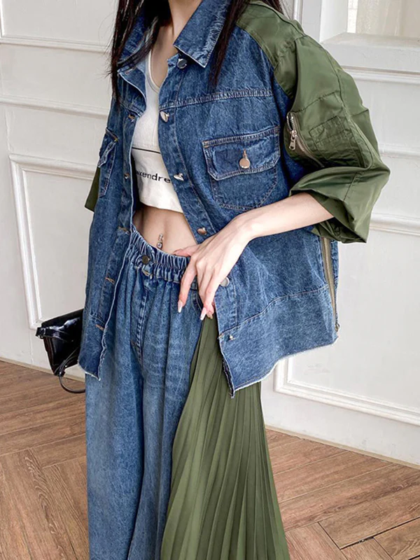Loose Ninth Pants Contrast Color Pleated Split-Joint Jean Pants Bottoms - Image 14